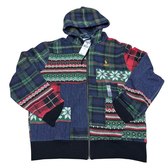 Polo Ralph Lauren Tartan Patchwork Plaid Fleece Hoodie Jacket Mens, Size L NWT - Picture 1 of 8